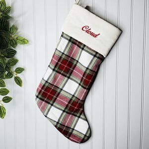 Pottery Barn CLOUD Classic White Plaid Checkered Christmas Stocking Mono NWOT